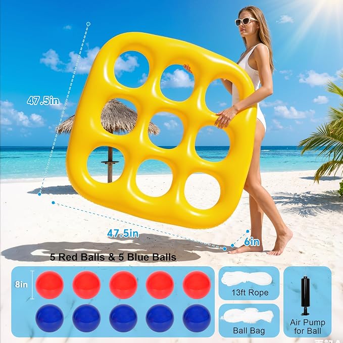 Pool Toys Games Set- Tic-Tac-Toe Inflatable PoolToy with 10 Balls Fun Summer Pool Party Beach Lawn Camping Party Float Game Water Ball Toys for AdultsTeens Kids 2-10 Players