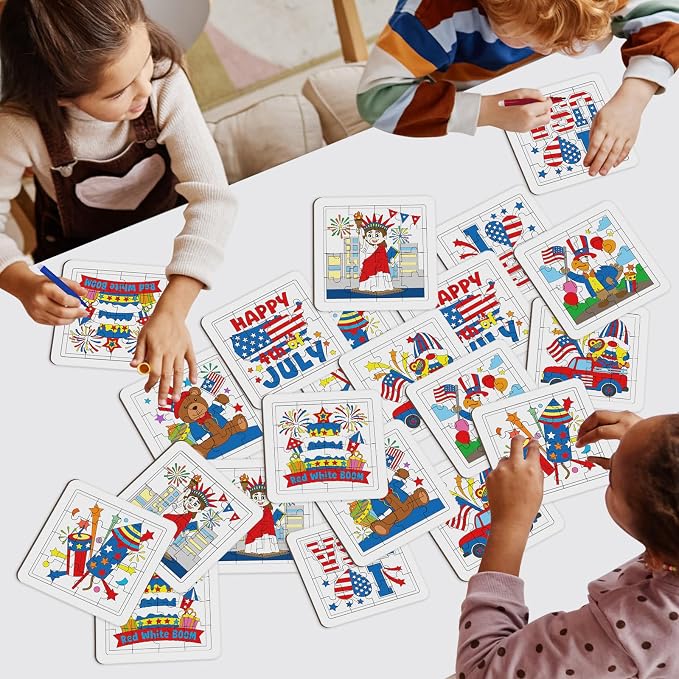 Cinrobiye 24 Pcs 4th of July Color & Assemble Craft Kit, Patriotic DIY Art Cards Set, Make Display Independence Day Craft Projects with Finished Wall Decorations for Classroom, Party and Summer Events