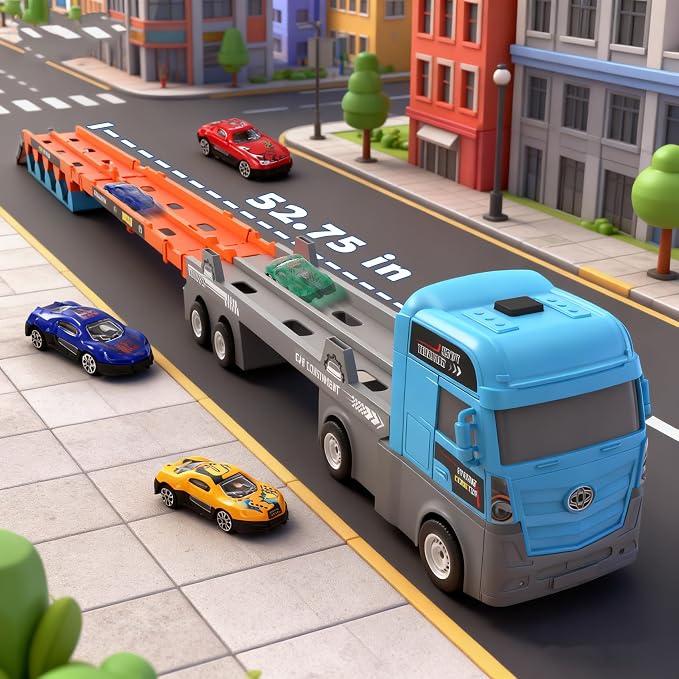 2-in-1 Foldable Race Track Truck Car Playset for 2-8 Years Old Boys Girls, Kids Truck Toys with Foldable 3 Layer Play Track & 24 Race Cars, Summer Toys Birthday Gifts for Toddlers