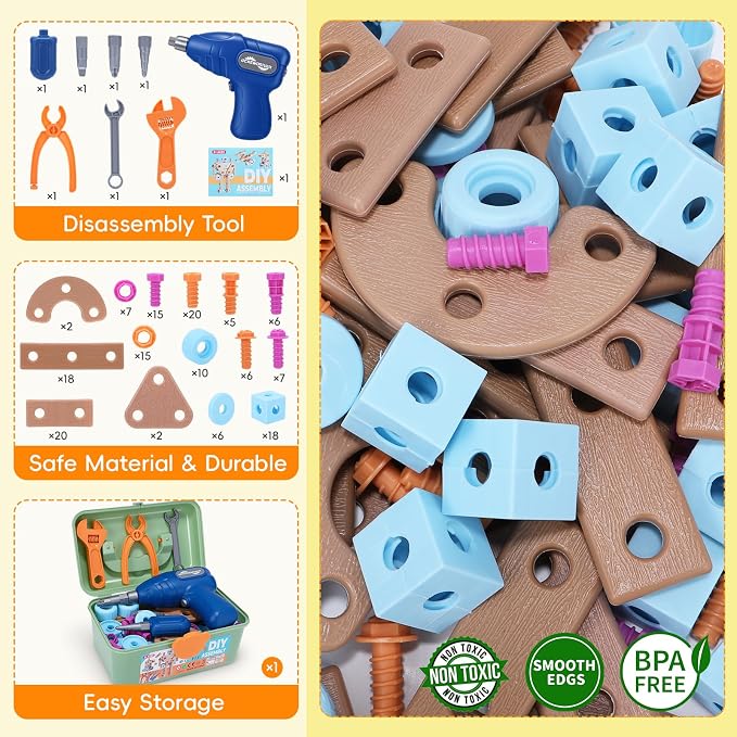 Drill Building Set for Kids 172 Pcs Construction Tools for Kids with Toolbox,Kids Construction Building STEM Toy for Boys Girls Birthday Gifts