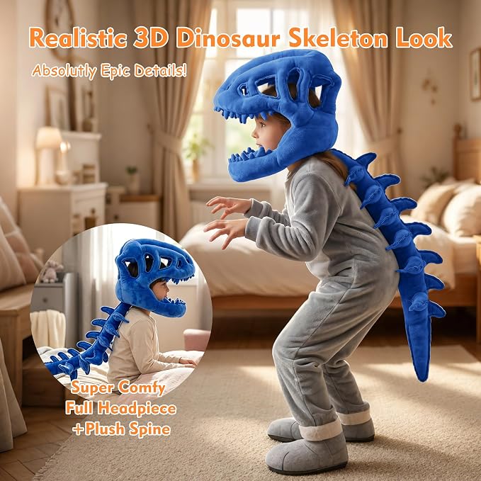 Dinosaur Skeleton Costume, Wearable Spinosaurus Skull Mask & Spine, Silly Dino Skeleton Halloween Costumes Outfit