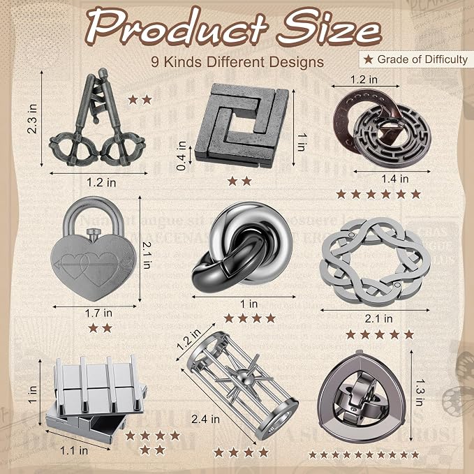 Wettarn 9 Pcs Metal Brain Teaser Puzzles 3D Steel Puzzle Set for Adults IQ Logic Challenge Disentanglement Unlock Interlocking Games Smart Logic Test Toys for Adults Mind Challenge(Engaging Style)