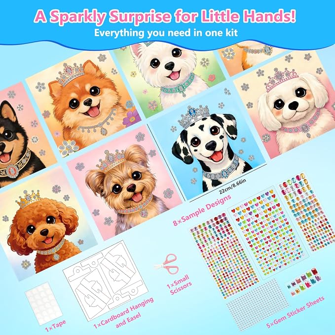 Marlrin Puppy Gem Crafts for Girls Ages 3-8, Dog Diamond Art Kit for Kids | 8 Pack Sticker Art, 1000+ Gems, Peel & Stick No Mess, Display Stand, Easy Crafts, Birthday & Christmas Gift for Girls