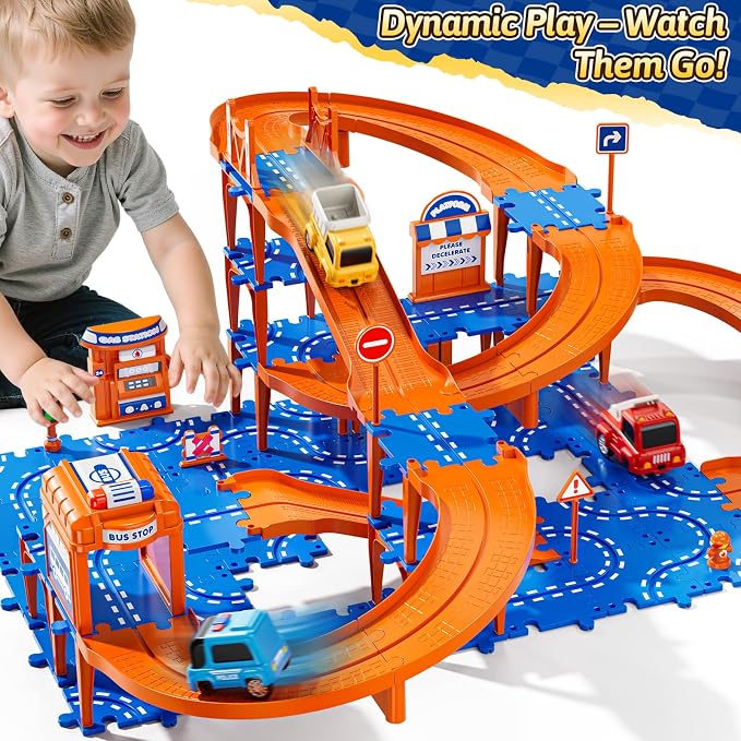 Puzzles Track Race Cars Toys for Kids Age 3-8 5-7, 4-Tier Race Track with 3 Cars, Toddler Educational Floor Puzzle Car Games Toys for Boys and Girls Toddlers, 3 4 5 6 7 8 Years Birthday Gift