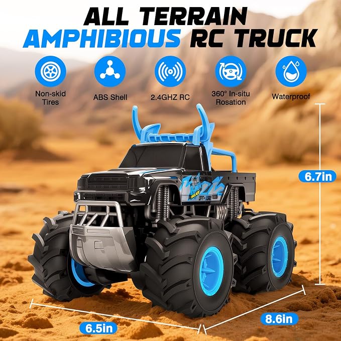 Lacchoufee 1:16 Waterproof Monster Truck Toys RC Cars, 2.4GHz Remote Control Truck for Kids Boy Ages 8,9,10,11,12 Years Old, 4WD All Terrain Off-Road with LED Lights RC Boat for Boy Girl Birthday Gift