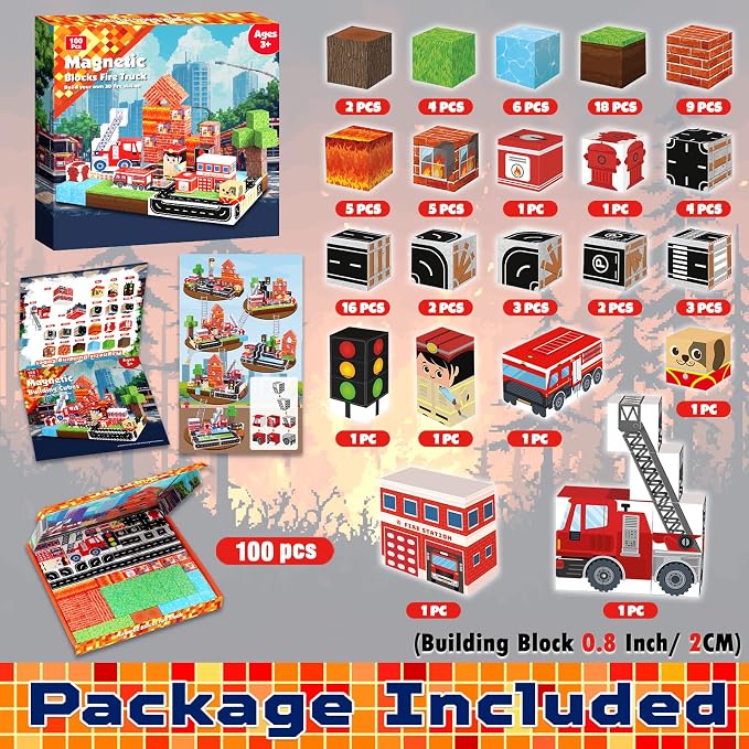 Goody King Magnetic Blocks|100PCS Fire Truck Magnetic Building Cube Game,Constructions Toys for Boys & Girls Age 3-4,5-8 9 10,STEM Montessori Stacking Toy,Sensory Tiles Building Birthday for Toddlers
