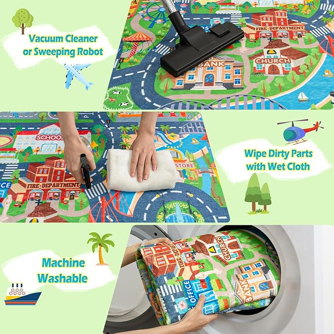 Car Rug Play Mat for Kids Toy Cars, 2 Packs 3'x4'/ 36"x48" Road Traffic Playmat for Kid Bedroom, Non-Slip Machine Washable Town City Race Track Carpet for Learn and Have Fun