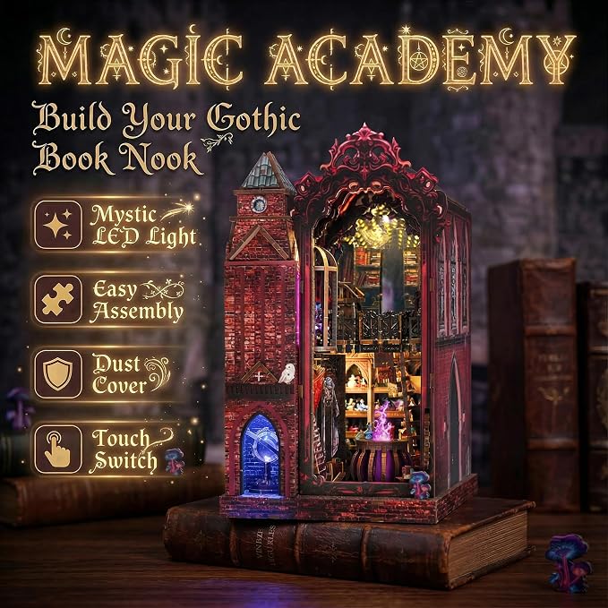 Book Nook Kit, DIY Miniature House Dollhouse Crafts Kit for Adults and Teens, Magic Castle 3D Wooden Puzzle Booknook Build Bookshelf Decor, Gifts for Family and Friends（Arcane Sprire）