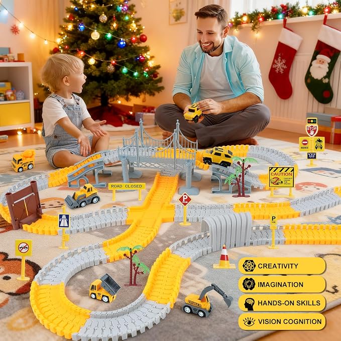 Construction Race Tracks Toys for Kids - 330+ PCS Track Play Set with Cars and Construction Trucks, Best Birthday Gifts for 3 4 5 6 7 Year Old Boys, Flexible DIY Engineering Building Set