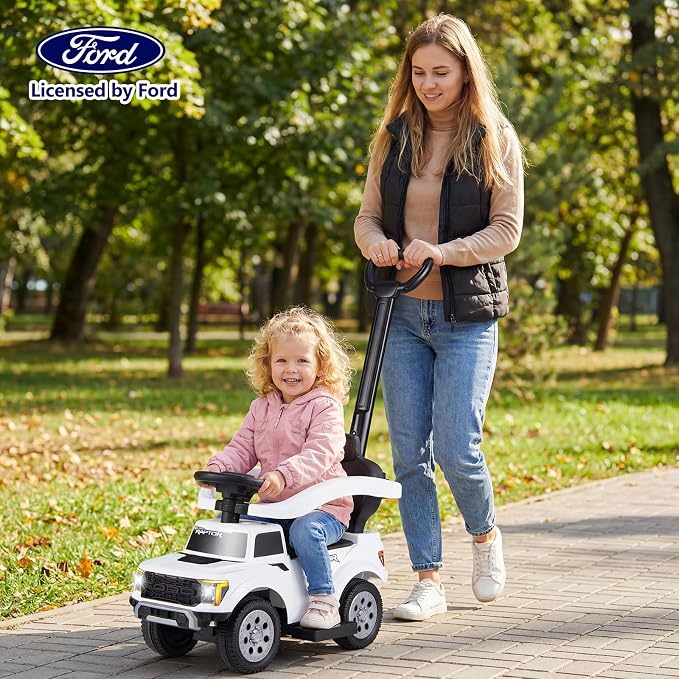 Costzon Ride On Push Car for Toddlers, 3-in-1 Ford Licensed Sliding Car w/Handle, Guardrail, Horn, Engine Sound, LED Lights, Under Seat Storage, Foot-to-Floor Kids Ride On Toys for Boys Girls (White)