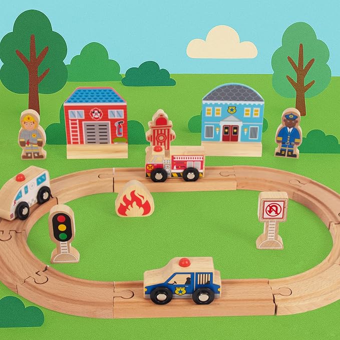 Wooden Train Set for Toddler, Wooden Tracks fits Thomas, fits Brio, fits Chuggington, fits Melissa and Doug - Expandable, Changeable Train Toy for 3 4 5 Years Old Girls & Boys (Police)