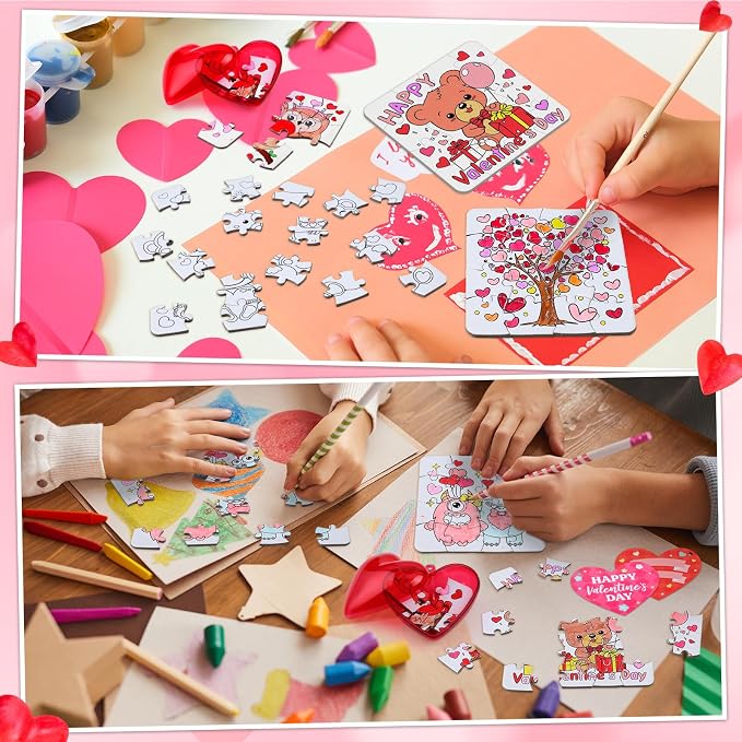 Realspring 24 Set Valentine Puzzles Gifts for Kids Include 24 DIY Color Your Own Valentine‘S Day Jigsaw Puzzles 24 Red Heart Eggs Card for Classroom Reward Exchange Gift Jigsaw Toys Birthday