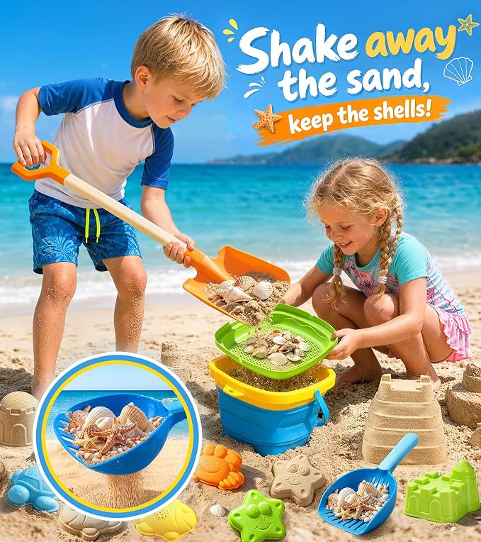 Collapsible Beach Sand Toys for Kids, Sandbox Toys Includes Bucket, Sand Shovel, Beach Sifter, Castle Molds, Toddler Beach Toys with Mesh Bag, Summer Travel Outdoor Beach Essentials for Kids Girls