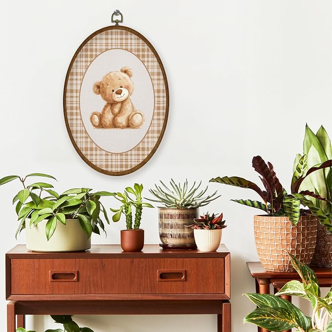 WULQYING Vintage Bear Nursery Wall Art Decor, Kids Room Oval Framed Canvas Art Prints, Brown Gingham Plaid Baby Bear Wall Hanging Decor for Kids Girls Boys Room Bedroom Playroom, 8.6x11.4 Inches