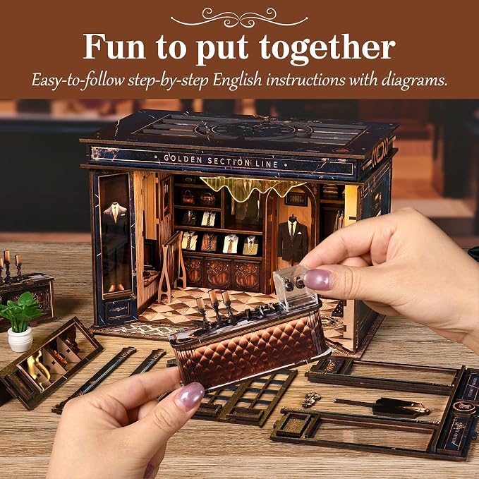 fifijoy DIY Miniature Dollhouse Kit - 3D Wooden Puzzle Book Nook Kit with LED Light, Miniature House Bookshelf Insert Decor for Adults, Creative Gift for Family and Friends (Golden Section Line)