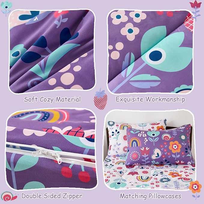 DJY Zipper Bedding Set Twin, Purple Floral Bedding Sets for Girls, Kids Comforter Set with Fitted Sheet Pillowcases, All in One Zipper Bed Set for All Seasons