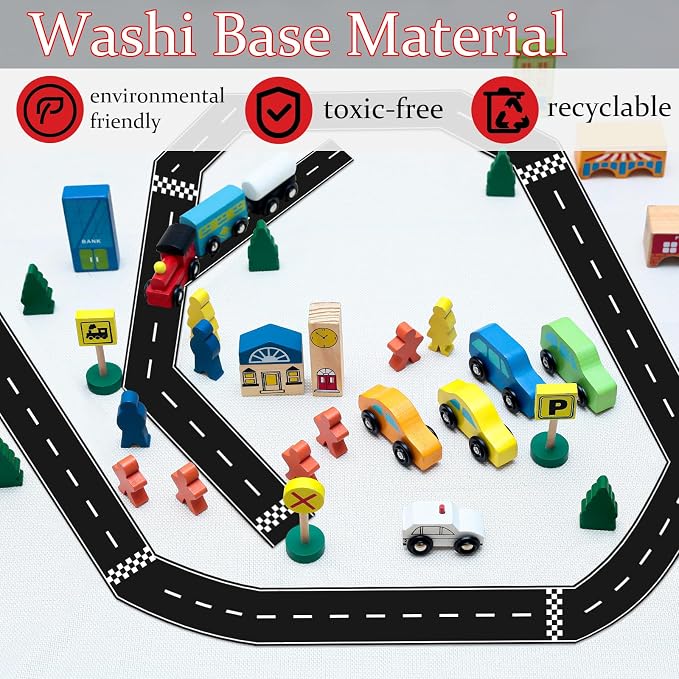 WNINK 2 Rolls Roadway Tape Road Tape, Kids Race Car Stickers, Race Car Track Decorations, 2.4 Inch Wide, 2 X 33 FT Long, Easy Tear, No Residue for Kids Birthday Racing Party Decoration