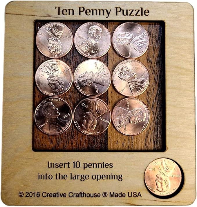 Creative Crafthouse 10 Penny Puzzle, Wood Coin Brain Teaser for Adults | Pack every penny flat into the tray. A coffee table and executive office challenge, gift ready for collectors