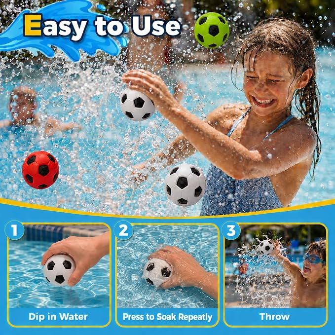 JICUICUI Reusable Pool Balls 4 Pack, Reusable Soccer Water Balls, Summer Beach and Water Toys, Pool Toys for Kids Ages 4-8, 8-12 and Adults Boys and Girls