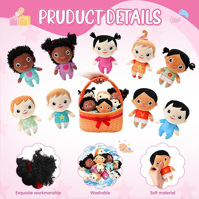 HyDren 10 Pcs Gifts for Children's Day Kids Multicultural Plush Dolls with Basket Diverse Soft Stuffed Dolls Inclusive Toys for Preschool Classroom Daycare Cultural Awareness Gift Set for Boys Girls