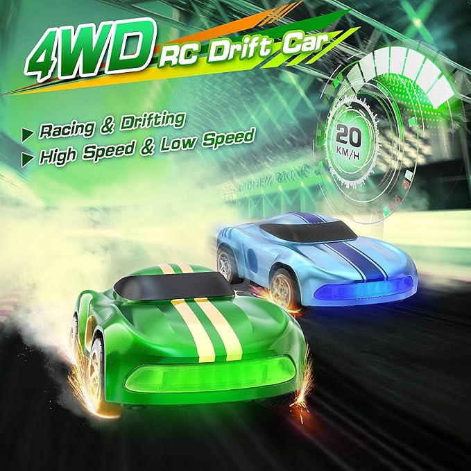 RC Drift Car, 1/64 Mini Drift RC Cars 4WD Micro Remote Control Car with LED Lights and Speed Switch, Cars Toys for Adults Kids Boys Age 6 7 8-12, Green