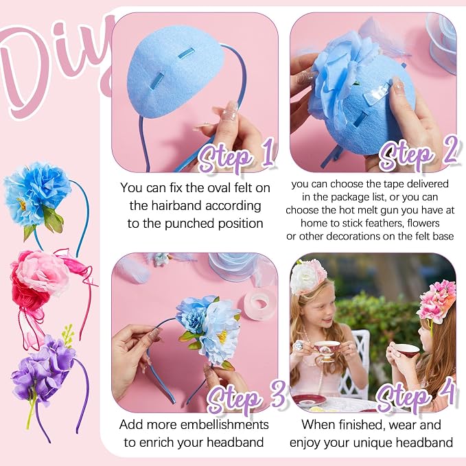 353 Pcs Headband Making Kit for Women Include 12 Headbands 24 Fake Flowers 300 Feathers 4 Mesh Ribbons 1 Roll Double Faced Adhesive Tape 12 Butterfly Accessories for DIY Hair Tea Party Decor