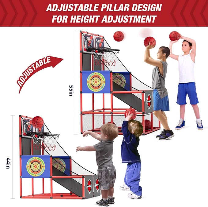 HYES 2 in 1 Dual Shot Basketball Arcade Game with 2 Dart Boards/Electronic Scoreboard/LED Light, Kids Basketball Hoop for Home Indoor Outdoor, Sport Toys for Boys Girls