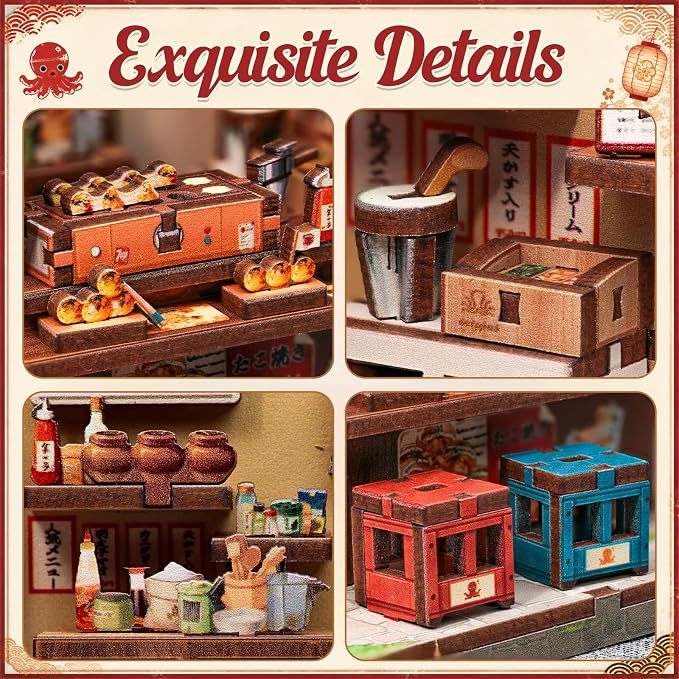Cutefun DIY Miniature House Kit, 146 Pcs 3D Wooden Puzzle Tiny House Mini House Building Kit for Beginners & Teens – Palm-Sized DIY Japanese Booknook Dollhouse for Bookshelf Decor (Osaka Takoyaki)