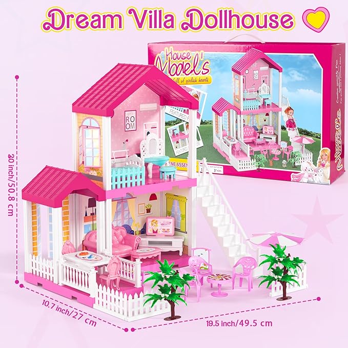 TUZT 2-Story Doll House with Stairway, Toy Figure, Pet Dogs, Furniture and Accessories, Pretend Play Dream Dollhouse with Light, Christmas Birthday Gifts for Kids Toddlers Girls Aged 3 4 5 6