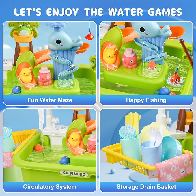 2026 Upgraded Water Table for Toddlers 1-3, Kids Sand Water Table Toy with Electric Water Pump, Kids Sand Water with Faucet/Play Food Accessories/Fishing Toy, Kitchen Play Sink Toy (Green)