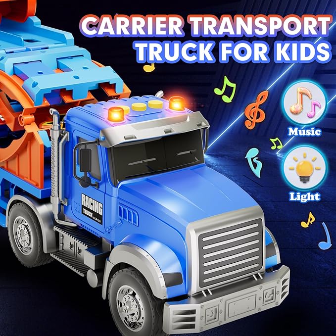 Truck Car Toys for 3, 4, 5, 6, 7, 8 Years Old Kids, Carrier Truck Race Track Toys, Foldable Transport Car Toys with Foldable Race Tracks and 6 Metal Cars, Birthday Gifts for Toddler Boys Girls (Blue)