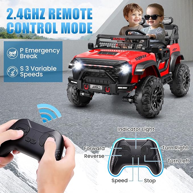 Hikole 2 Seater Ride on Car with Remote Control,24V Battery Powered Electric Truck for Kids,4x100W Motor,LED Headlights,Music Player,Ride on Toy for Big Kids, Red