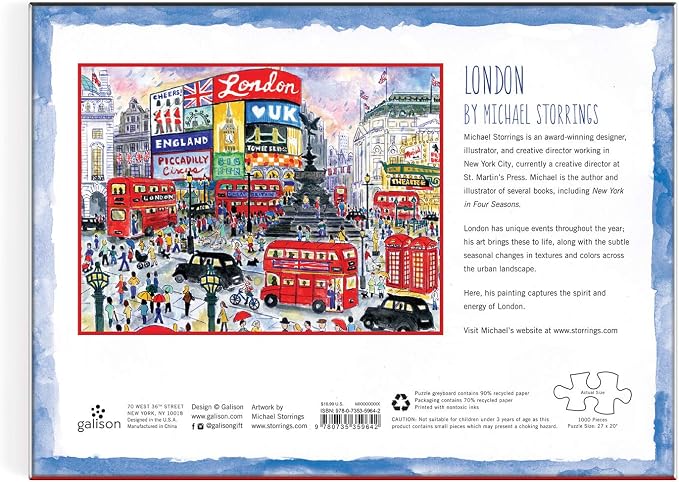 Galison Michael Storrings 1000 Piece London Jigsaw Puzzle for Adults – Illustrated Art Jigsaw Puzzle with Scene from The Streets of London – Fun Indoor Activity, Multicolor