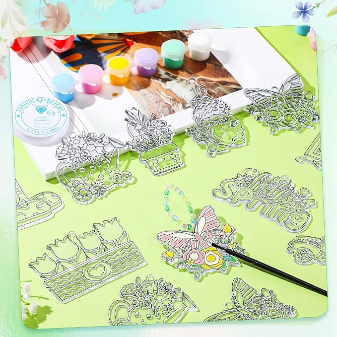 Pasimy 36 Sets Spring Crafts Kits Bulk Spring Suncatchers DIY Paint Your Own Flower Butterfly Gnome Bird Hanging Ornaments Pastel Watercolor Arts Gifts for Classroom Activities Project Window Decor