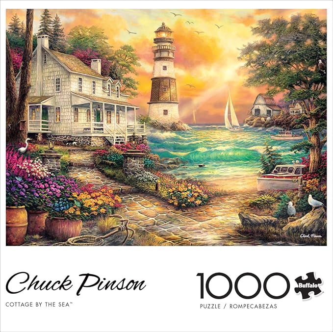 Buffalo Games - Chuck Pinson - Cottage by the Sea - 1000 Piece Puzzle for Adults, Serene Lighthouse Jigsaw with Poster, Premium Scenic Puzzle for Game Nights