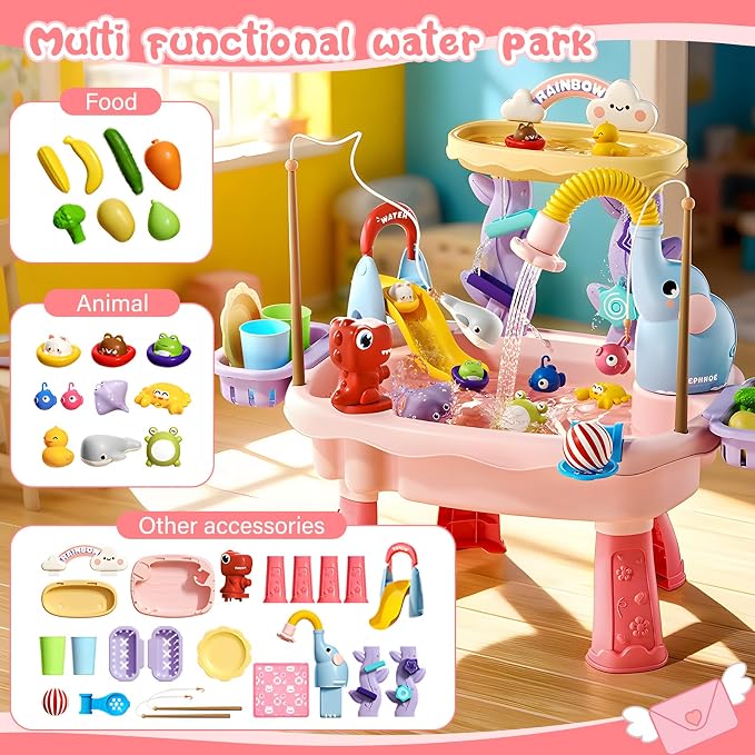 2027 Upgraded Toddlers 1-3 Water Table with Electric Pump, Kids Water Table with Faucet Play Food Accessories Fishing Toy, Kitchen Play Sink Toys for Girl Boy Age 4-8 (Pink)