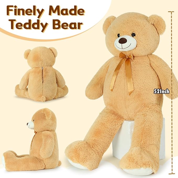 Tezituor 52 Inch Giant Teddy Bear Stuffed Animal, Light Brown Big Teddy Bear Plush Toy, Soft Large Bear Gift for Girlfriend Kids Girls Valentine’s Day Christmas Birthday Baby Shower Party Decor
