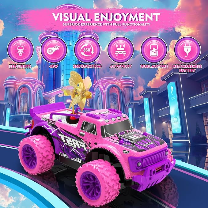 Remote Control Car for Girls: 1:20 Scale Pink Purple Rc Truck with LED Light and DIY Windmills - 20Km/h All Terrain Fast RC Cars, 2.4GHz Monster Truck Toys for Kids Gift