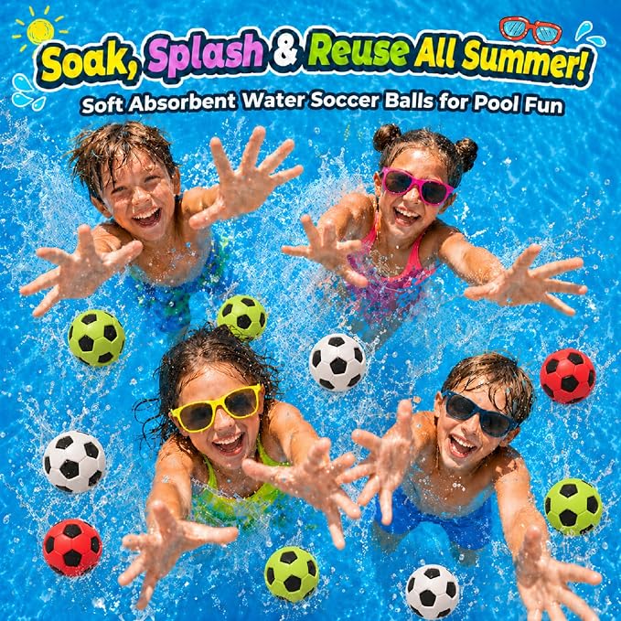 JICUICUI Reusable Pool Balls 4 Pack, Reusable Soccer Water Balls, Summer Beach and Water Toys, Pool Toys for Kids Ages 4-8, 8-12 and Adults Boys and Girls