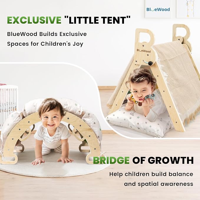 BlueWood Pikler Triangle Set with Cushion, 8-in-1 Climbing Toys for Toddlers, Montessori Philosophy Play Jungle Gym with Arch, Ramp, Ladder(Mauve Pink)