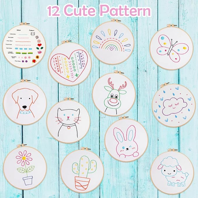 Louise Maelys 12 Pre-Stamped Embroidery Kits for Beginners, Cross Stitch for Kids Girls,DIY Needlepoint Craft Sewing,Practice Kit Supplies,Funny Cute Pattern,Perfect for Ages 8-12