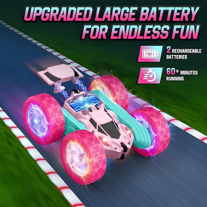 Hamdol Pink Remote Control Car for Girls, Double Sided with Shining Headlights & Wheel Lights, Girl Princess Toys, Rechargeable Toy Car for 6-7 6-8 9 10-12 Year Old Girls Birthday, Valentines Gift