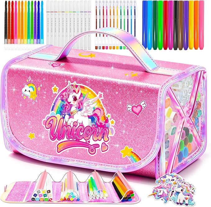 70 PCS Unicorn Arts and Crafts for Girls Ages 4-6-8, Art Supplies Set with 3D Rainbow Glitter Pencil Case, Washable Dual Markers, Scented Gel Pens, Twist-up Crayons & Unicorn Stickers, Birthday Gift