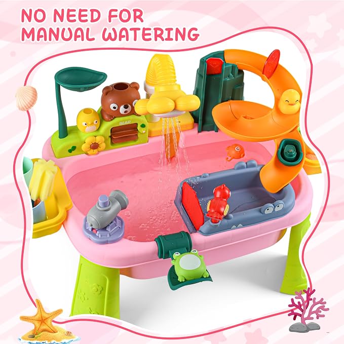 Kids Sand Water Table — 4-in-1 Kitchen Sink Toy with Battery-Powered Water Pump, Faucet, Play Food & Fishing Set, for Boys & Girls Age 3+ (Pink-Sunflower)