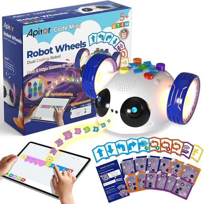 Apitor Coding Robot Toys for Kids Ages 5+, STEM Robot Toy Kit with Wheels and Play Cards, Screen Free Remote Control Programming Interactive Toy for Boys and Girls Ages 5-8
