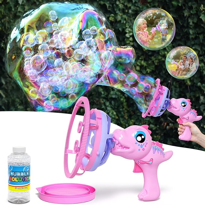 IFLOVE Pink Dinosaur Bubble Gun for Kids, Bubble Machine Toy with Bubble-in-Bubble Effect, 1000+ Bubbles/Min Outdoor Party Favor Gift for Girls Ages 3-8