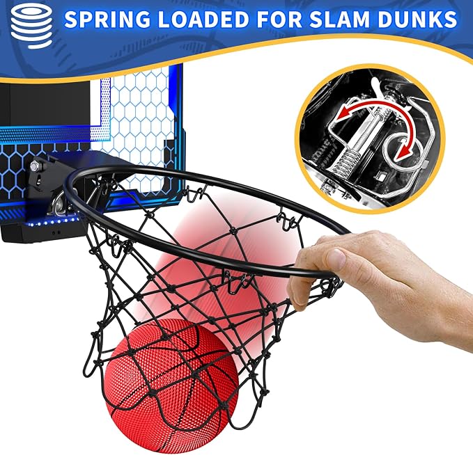 HYES Mini Basketball Hoop Indoor, Over The Door Basket Ball Hoop with 7 LED Lighting/Scoreboard/3 Modes/Foldable Rim, Wall Basketball Toy, Sport Decor Gifts for Kids Adult for Bedroom/Office (Blue)