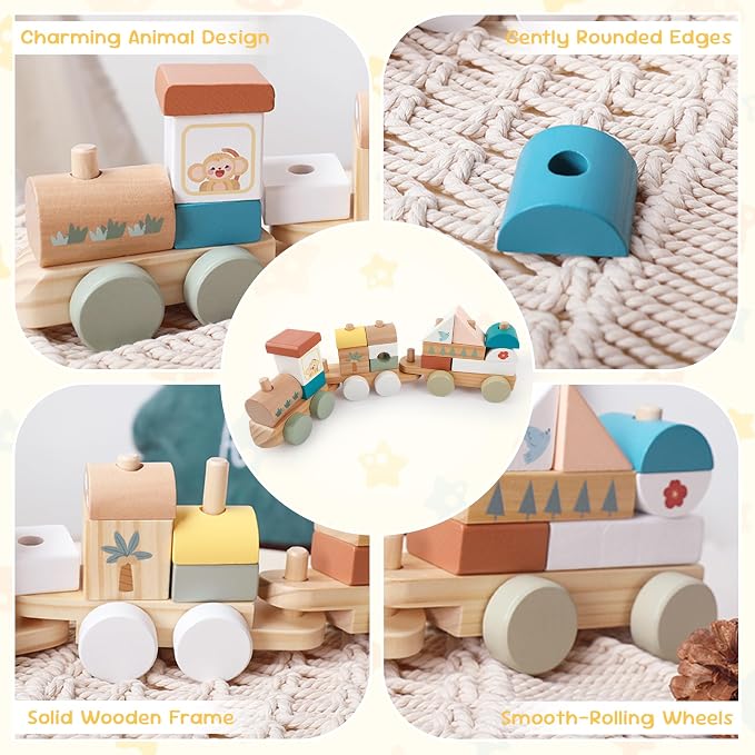 Freniland Wooden Train Set 18PCS Blocks Train Toy DIY Educational Building Stacking Train Gift for Toddlers 18M+