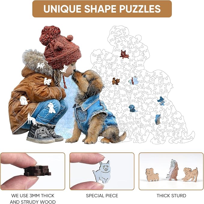 MEATRN Wooden Puzzles for Adults - Little Girl Kissing Puppy, 509 Pcs, 16.8x17 in, Cute Animal Wood Jigsaw Puzzle, Heartwarming Parent-Child Game, Birthday Gift for Kids Home Décor