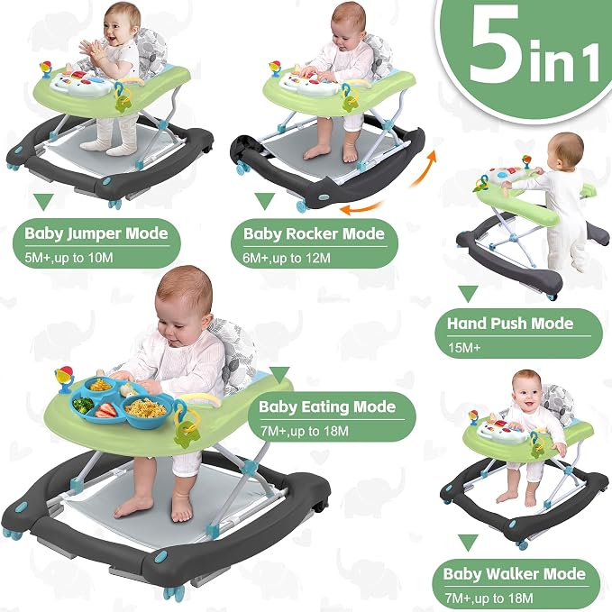 Pawtong Foldable Baby 5-in-1 Activity Walker - Rocker, Activity Center, Bouncer, Seat Walker, Push Walker - Adjustable Speed Rear Wheels and Height Toys Ages 6-18 Months… (Green)